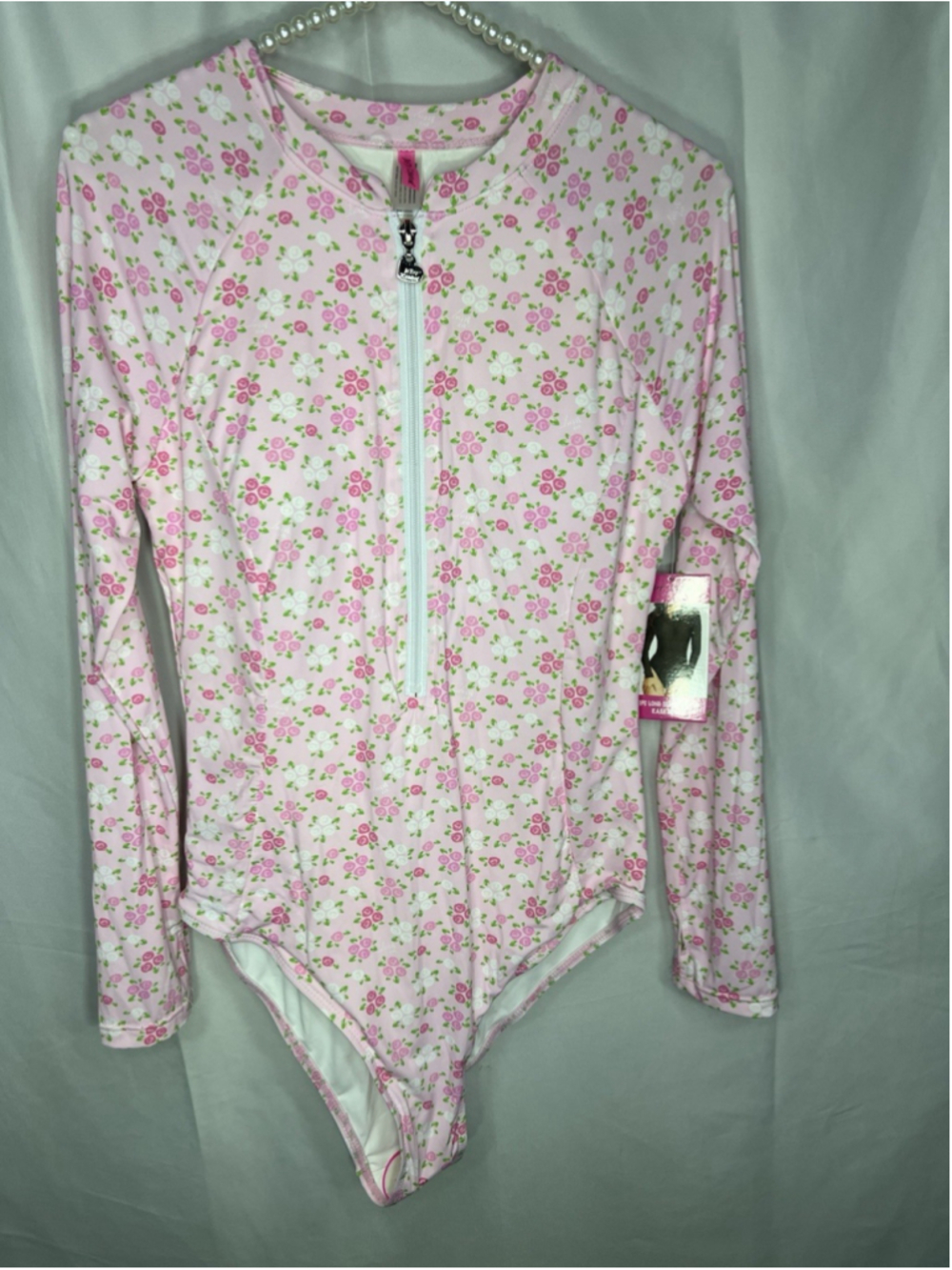 Betsey Johnson Botanical Floral Scuba Zip Up Long Sleeve Swimsuit XL Pink Pool